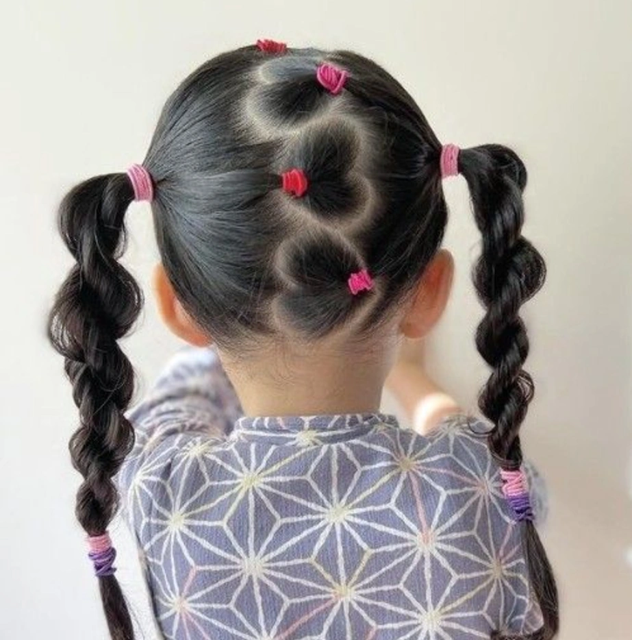 Triple Heart Parting with Curly Pigtail Twists