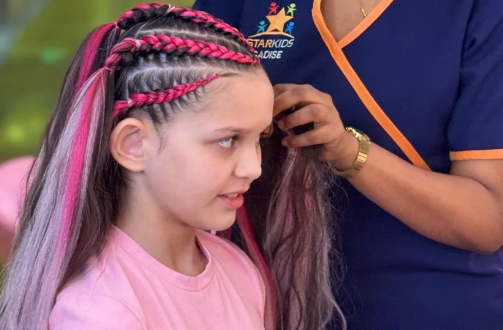 Triple Pink Cornrow Braids with Loose Hair