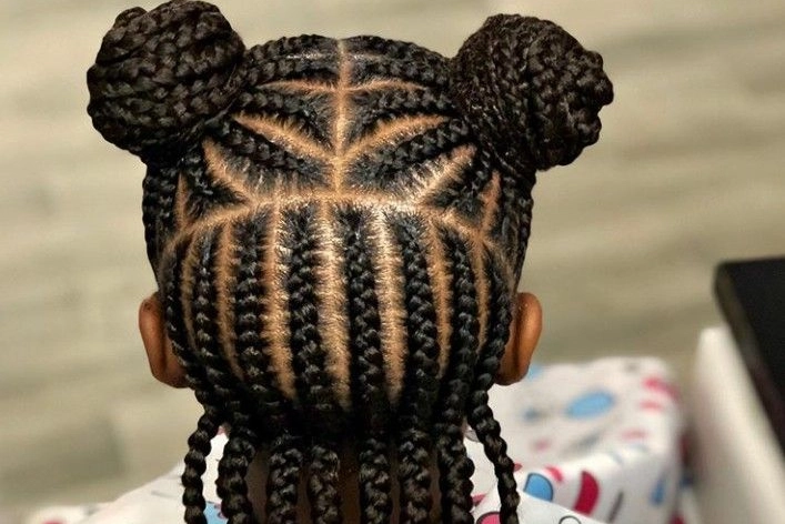 Vertical Cornrows with Double Space Buns