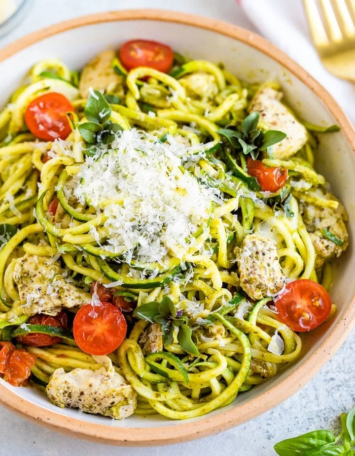 Zucchini Noodles with Pesto and Grilled Chicken